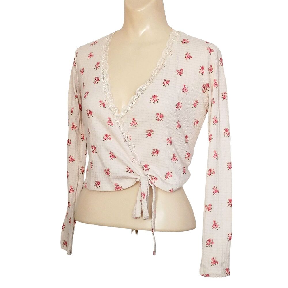Audrey 3+1 Floral Cottagecore Wrap Shirt Lace Trim Pink Flowers L Balletcore